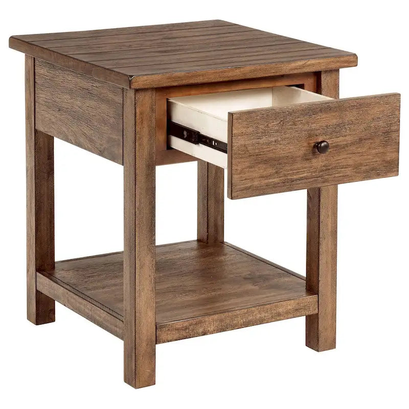 Ayne Side End Table, 1 Shelf, 1 Drawer, Brown Wood, Square 20 Inch