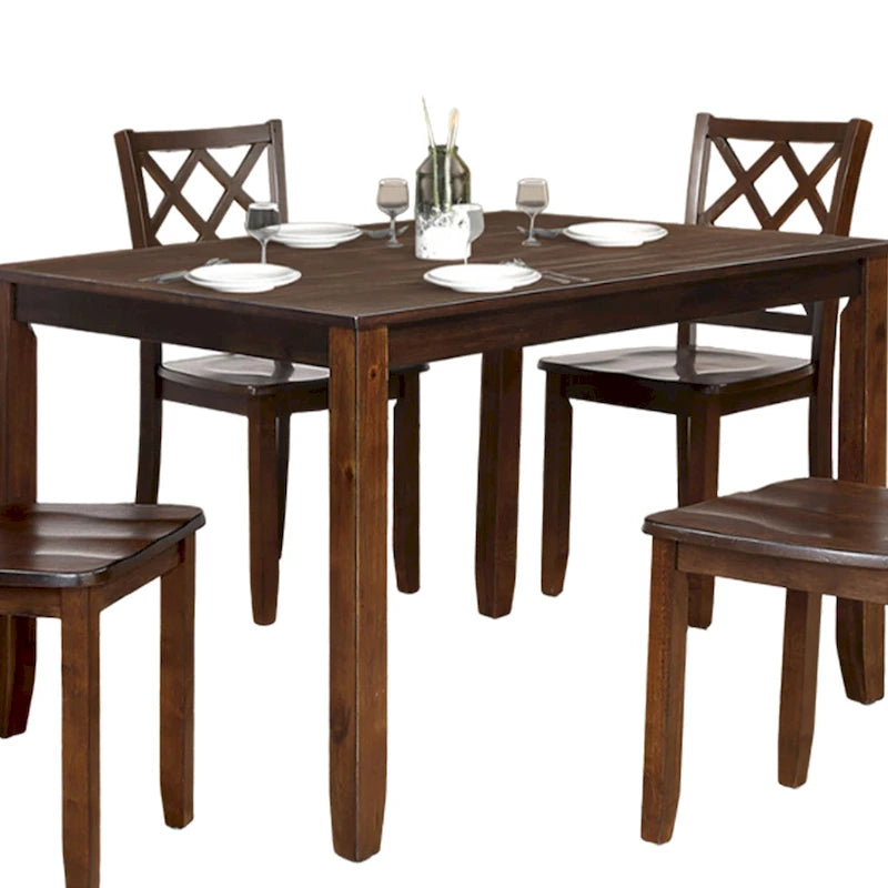 Set da pranzo Ziko 5 pezzi, 4 sedie con schienale a croce, legno massello marrone ciliegia