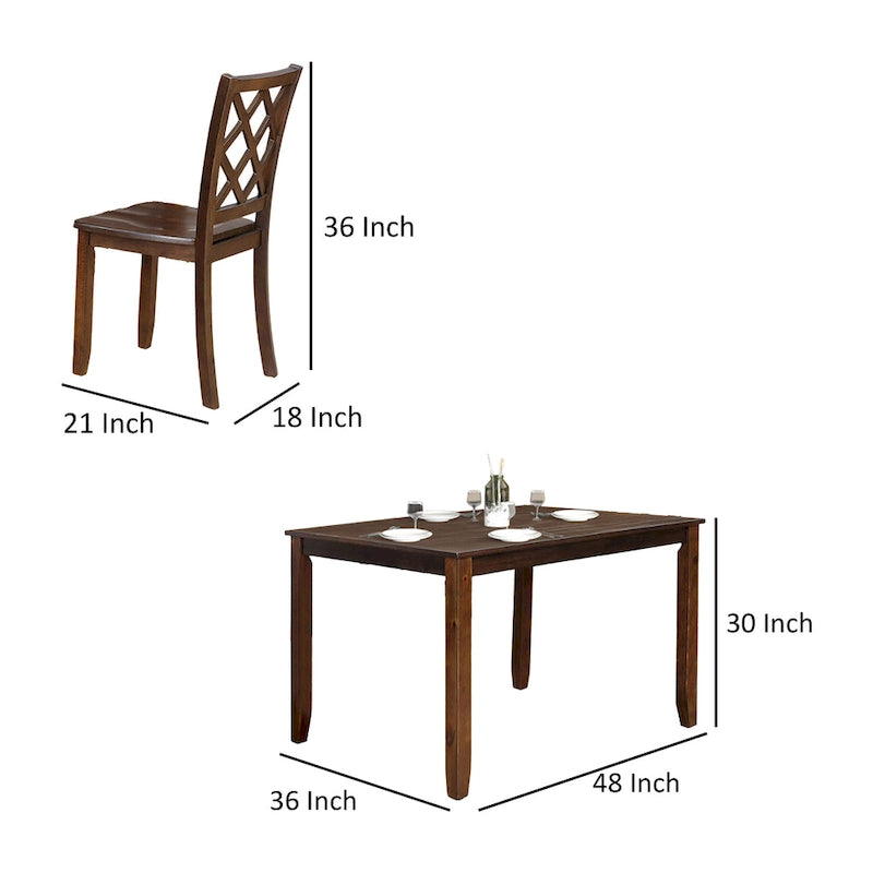 Set da pranzo Ziko 5 pezzi, 4 sedie con schienale a croce, legno massello marrone ciliegia