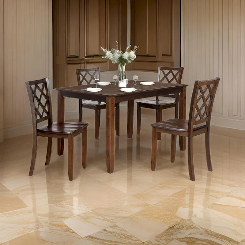 Set da pranzo Ziko 5 pezzi, 4 sedie con schienale a croce, legno massello marrone ciliegia