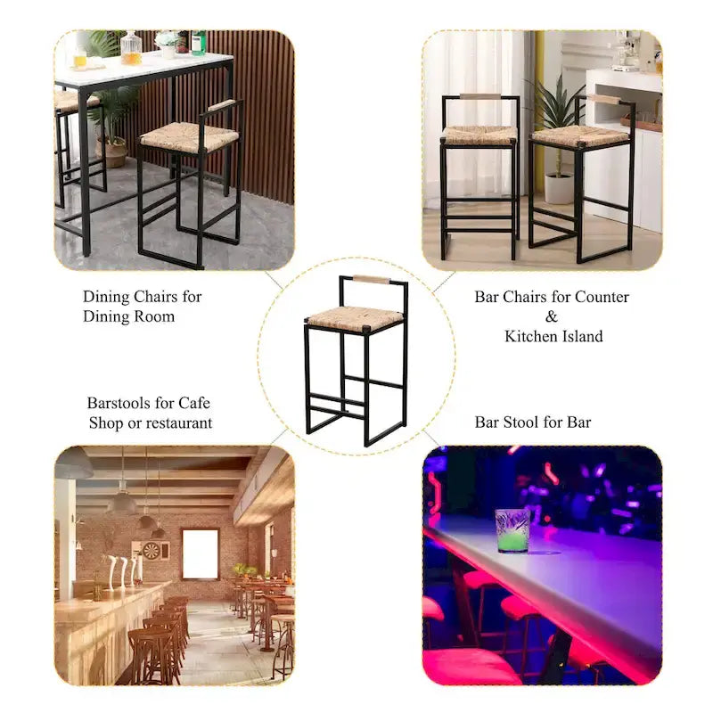 Hand Weave Bar Stools Set of 2, Counter Height Bar Stools with Metal Support Legs, Kitchen Island Stools with Back and Footrest
