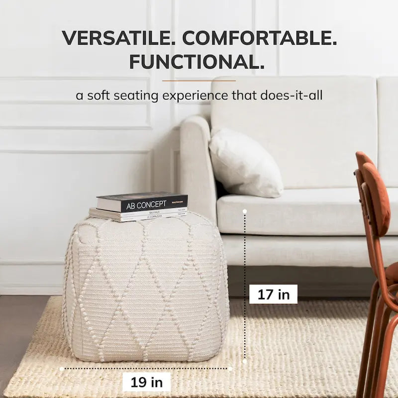 Jani Pouf Ottoman - Cotton-Blend Upholstery with Firm EPP Bead Filling - Footrest or Extra Seating for Living Room