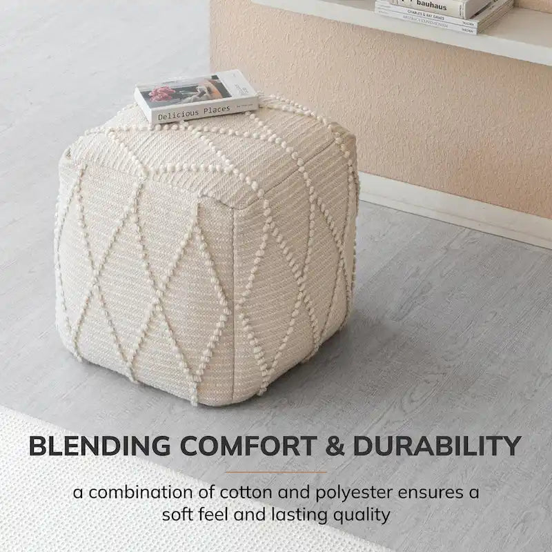 Jani Pouf Ottoman - Cotton-Blend Upholstery with Firm EPP Bead Filling - Footrest or Extra Seating for Living Room