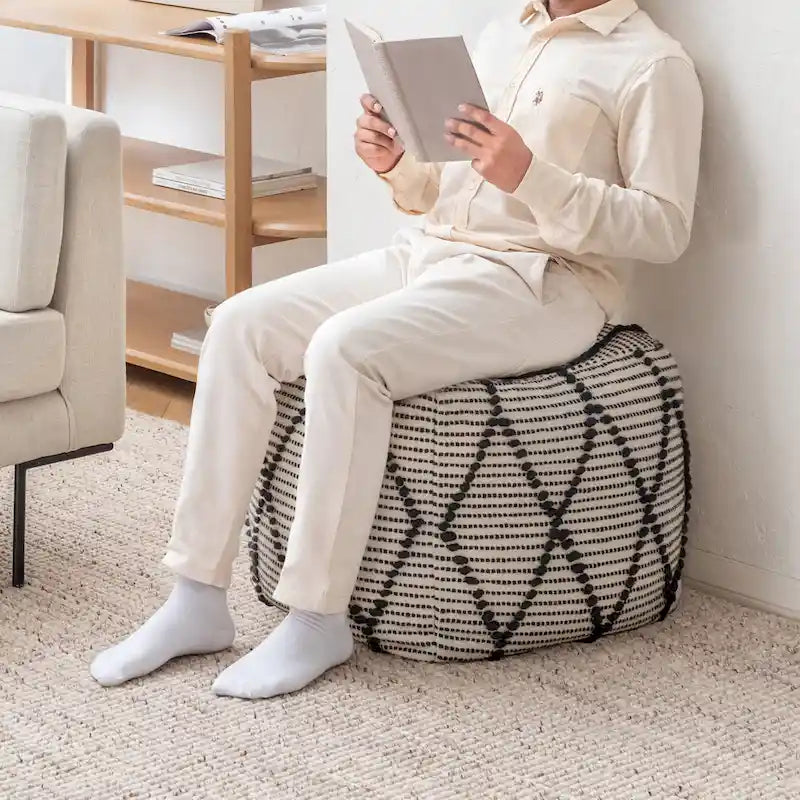 Jani Pouf Ottoman - Cotton-Blend Upholstery with Firm EPP Bead Filling - Footrest or Extra Seating for Living Room