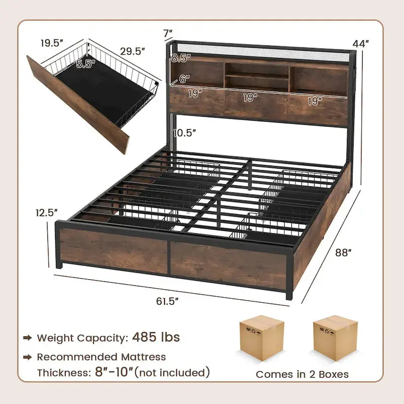 Gymax Queen Size Bed Frame w/ Bookcase Headboard & 4 Storage Drawers