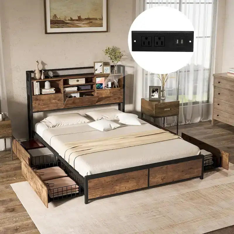 Gymax Queen Size Bed Frame w/ Bookcase Headboard & 4 Storage Drawers