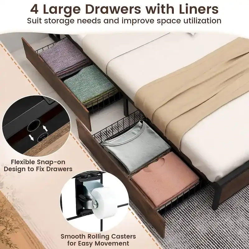 Gymax Queen Size Bed Frame w/ Bookcase Headboard & 4 Storage Drawers