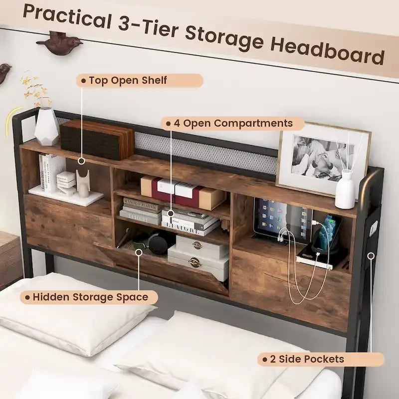 Gymax Queen Size Bed Frame w/ Bookcase Headboard & 4 Storage Drawers