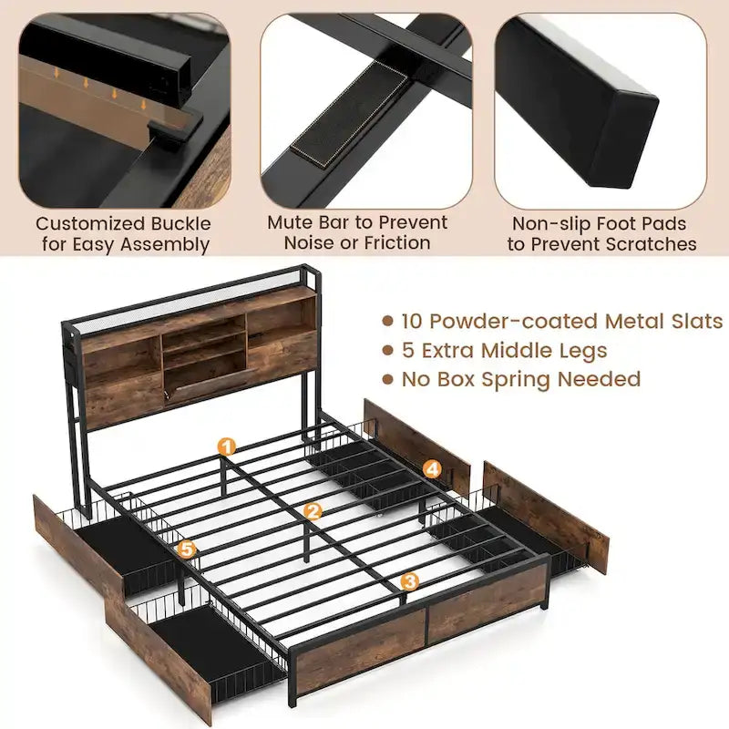 Gymax Queen Size Bed Frame w/ Bookcase Headboard & 4 Storage Drawers