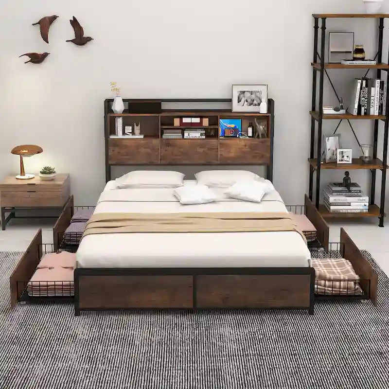 Gymax Queen Size Bed Frame w/ Bookcase Headboard & 4 Storage Drawers