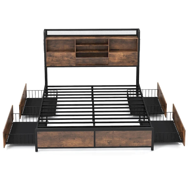 Gymax Queen Size Bed Frame w/ Bookcase Headboard & 4 Storage Drawers