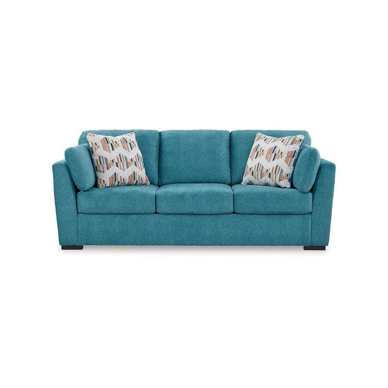 Divano Viena con 2 cuscini decorativi, in finto velluto blu verde acqua 239 cm