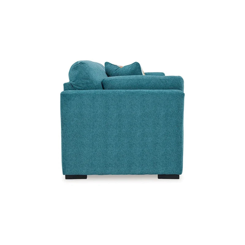 Divano Viena con 2 cuscini decorativi, in finto velluto blu verde acqua 239 cm