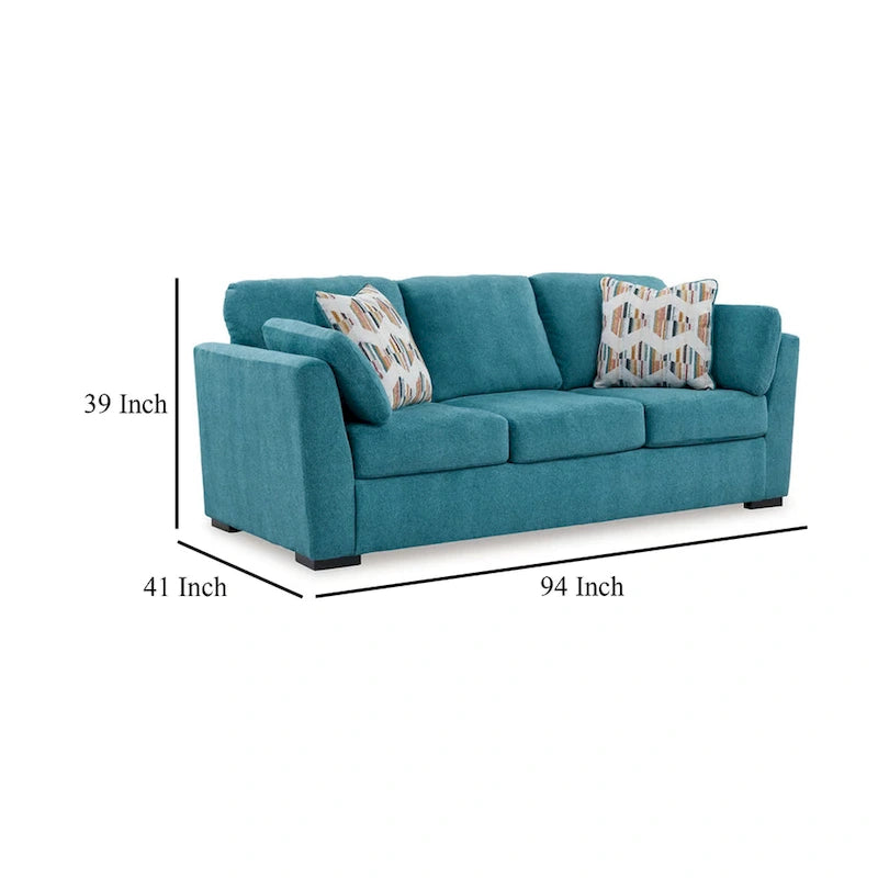 Divano Viena con 2 cuscini decorativi, in finto velluto blu verde acqua 239 cm