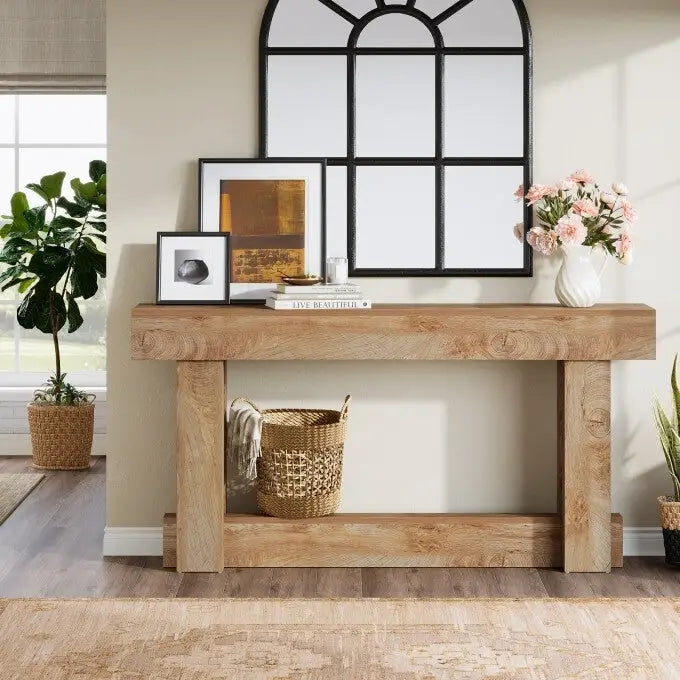 Tavolo console in legno da 63 pollici, tavolo da ingresso in stile rustico a 2 ripiani