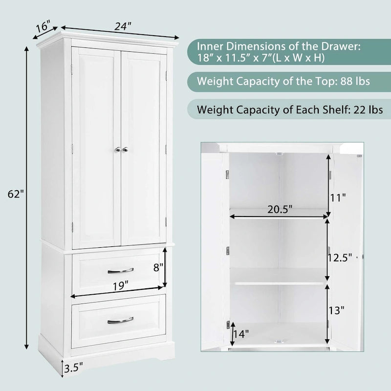 Costway 62 Tall Bathroom Freestanding Floor Storage Cabinet with 2 - 24 x 16 x 62 (L x W x H)