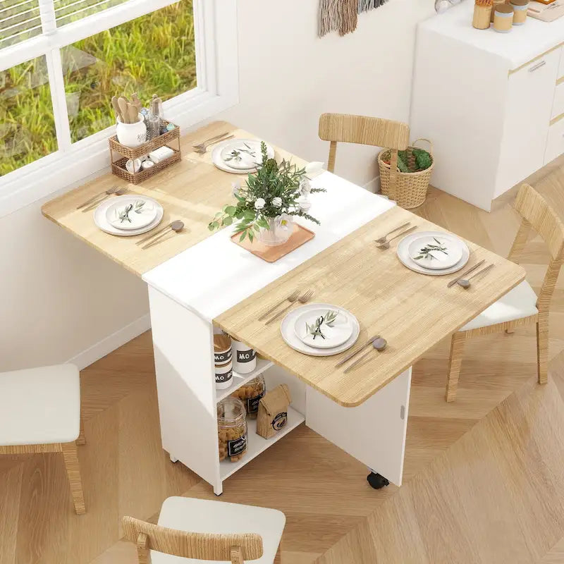 Modern Farmhouse Foldable Dining Table with Storage Cabinet