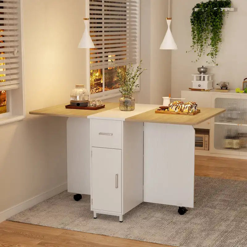 Modern Farmhouse Foldable Dining Table with Storage Cabinet