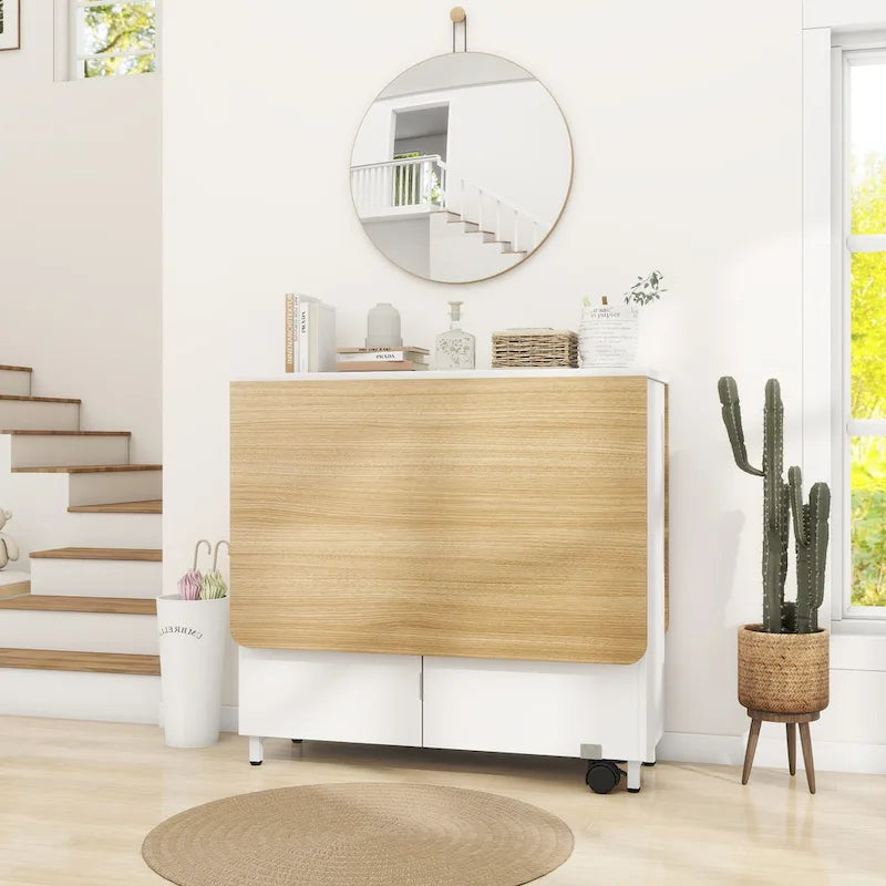 Modern Farmhouse Foldable Dining Table with Storage Cabinet