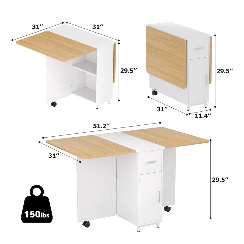 Modern Farmhouse Foldable Dining Table with Storage Cabinet