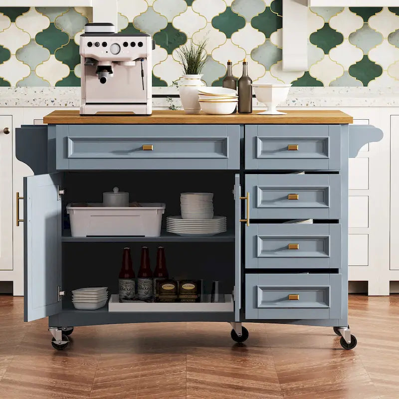 52 Kitchen Island with Drop Leaf, Embossed Texture Kitchen Island on Wheels with Spice Rack, Towel Rack, 2 Doors & 5 Drawers