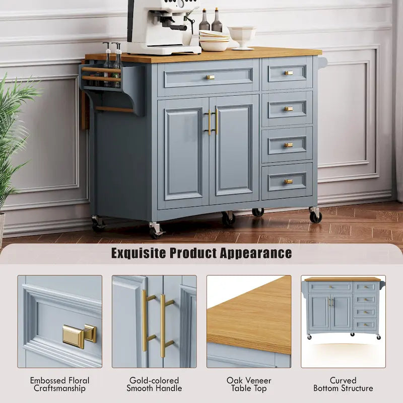 52 Kitchen Island with Drop Leaf, Embossed Texture Kitchen Island on Wheels with Spice Rack, Towel Rack, 2 Doors & 5 Drawers