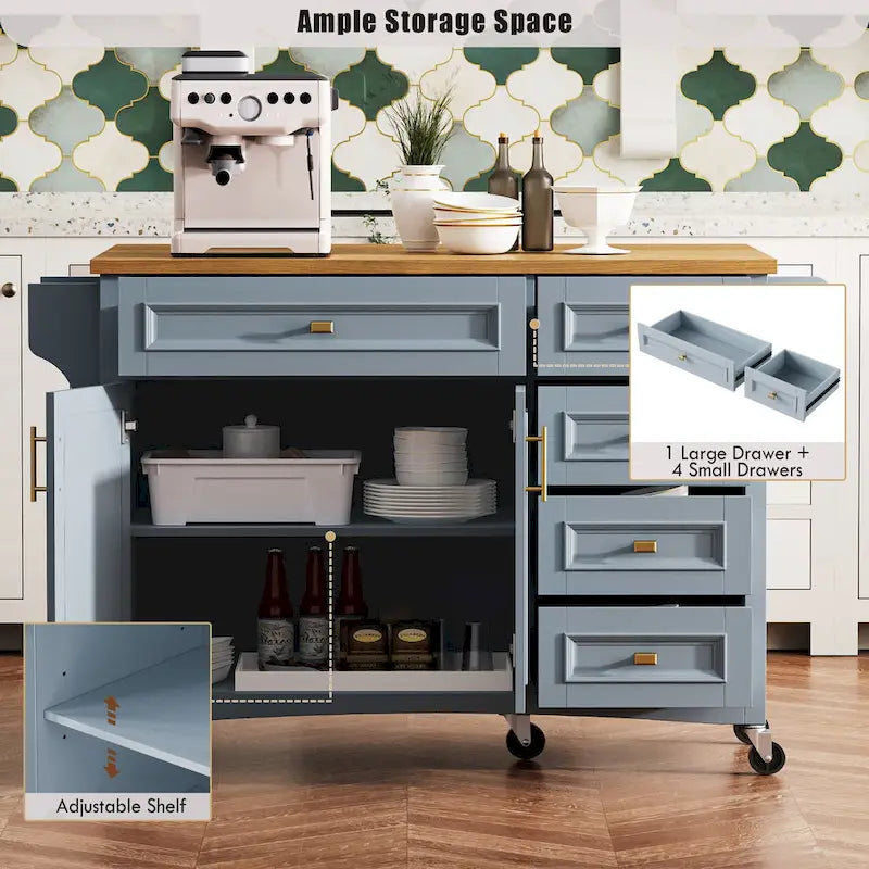 52 Kitchen Island with Drop Leaf, Embossed Texture Kitchen Island on Wheels with Spice Rack, Towel Rack, 2 Doors & 5 Drawers
