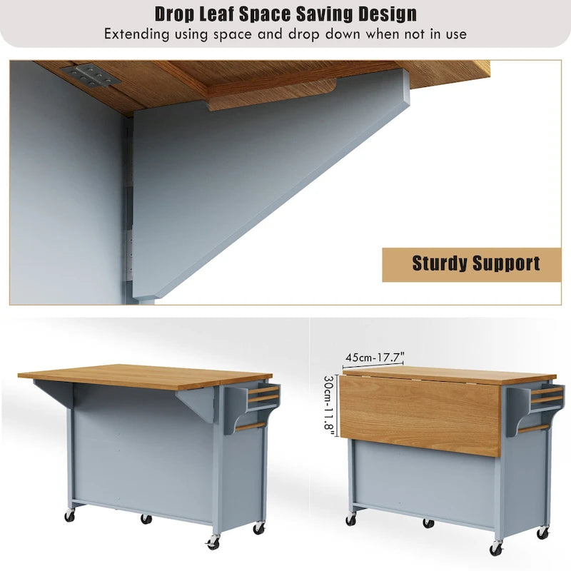 52 Kitchen Island with Drop Leaf, Embossed Texture Kitchen Island on Wheels with Spice Rack, Towel Rack, 2 Doors & 5 Drawers