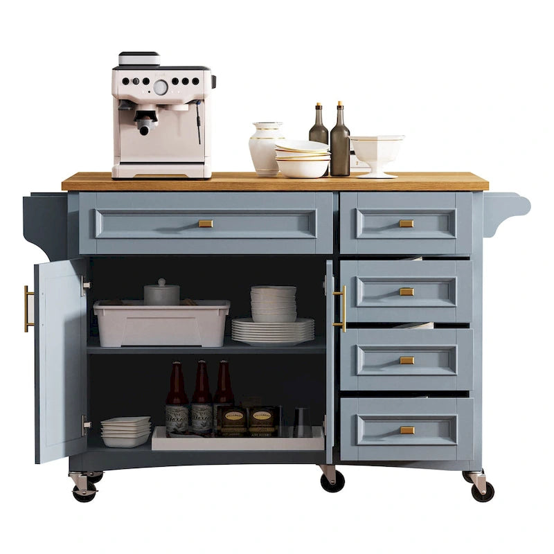 52 Kitchen Island with Drop Leaf, Embossed Texture Kitchen Island on Wheels with Spice Rack, Towel Rack, 2 Doors & 5 Drawers