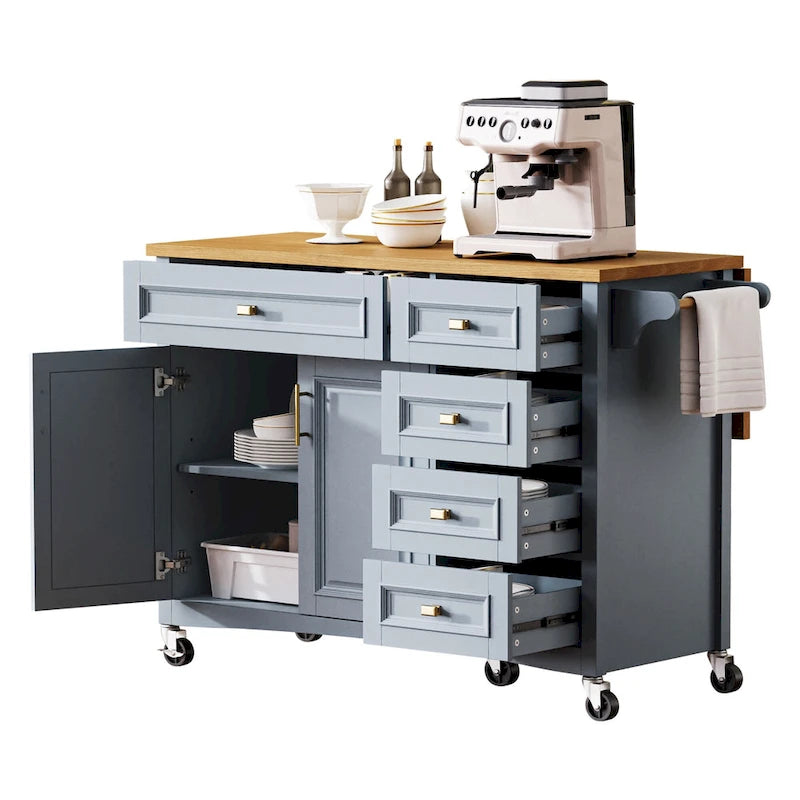 52 Kitchen Island with Drop Leaf, Embossed Texture Kitchen Island on Wheels with Spice Rack, Towel Rack, 2 Doors & 5 Drawers