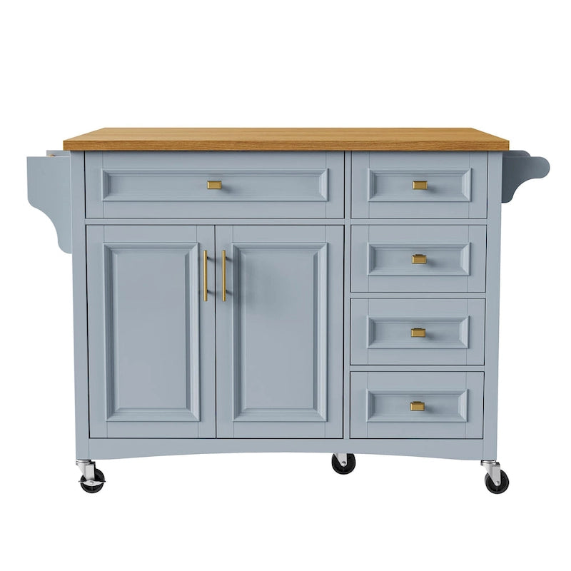 52 Kitchen Island with Drop Leaf, Embossed Texture Kitchen Island on Wheels with Spice Rack, Towel Rack, 2 Doors & 5 Drawers