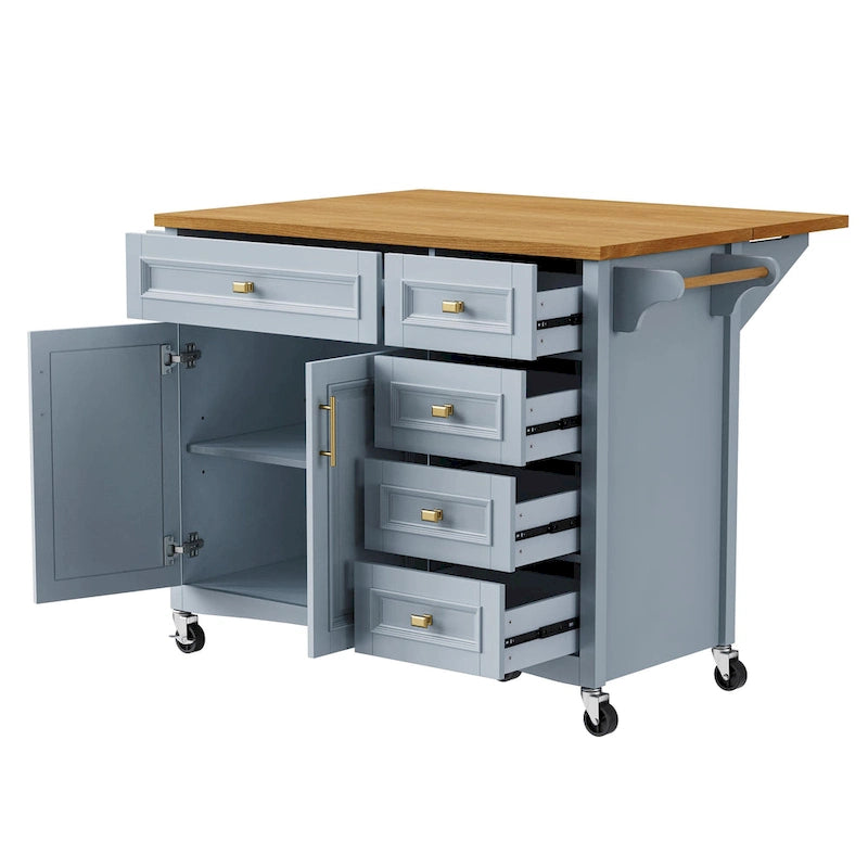 52 Kitchen Island with Drop Leaf, Embossed Texture Kitchen Island on Wheels with Spice Rack, Towel Rack, 2 Doors & 5 Drawers