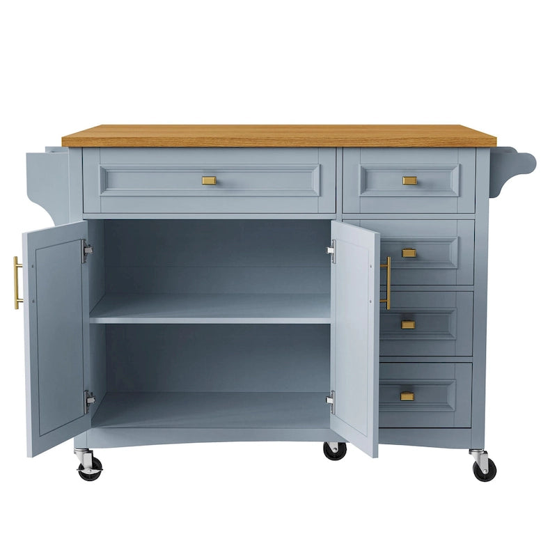 52 Kitchen Island with Drop Leaf, Embossed Texture Kitchen Island on Wheels with Spice Rack, Towel Rack, 2 Doors & 5 Drawers