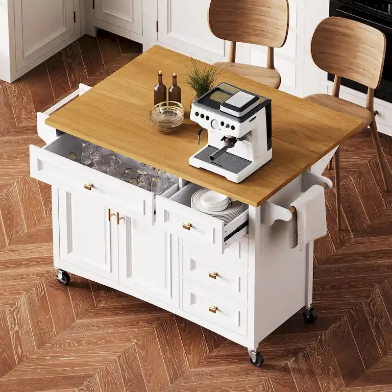 52 Kitchen Island with Drop Leaf, Embossed Texture Kitchen Island on Wheels with Spice Rack, Towel Rack, 2 Doors & 5 Drawers