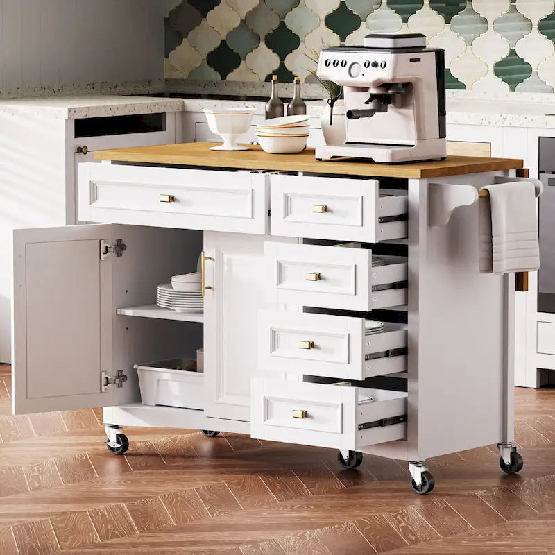 52 Kitchen Island with Drop Leaf, Embossed Texture Kitchen Island on Wheels with Spice Rack, Towel Rack, 2 Doors & 5 Drawers