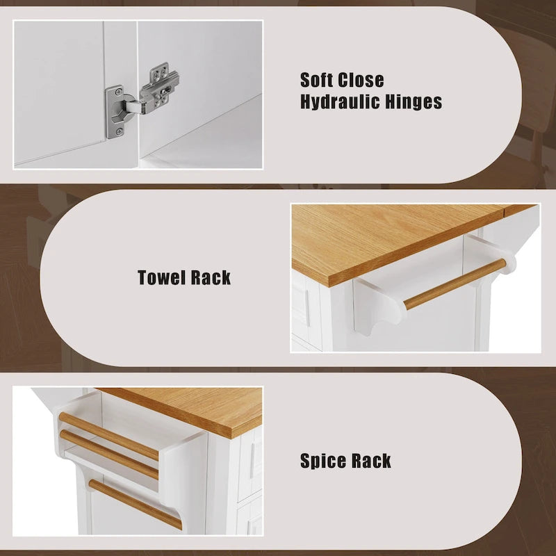 52 Kitchen Island with Drop Leaf, Embossed Texture Kitchen Island on Wheels with Spice Rack, Towel Rack, 2 Doors & 5 Drawers