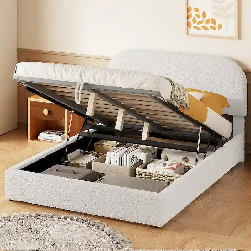 Lift Up Storage Platform Bed Frame, Teddy Fleece Low Profile Bed Hydraulic Storage System, Curved Headboard, Wood Panel Bed