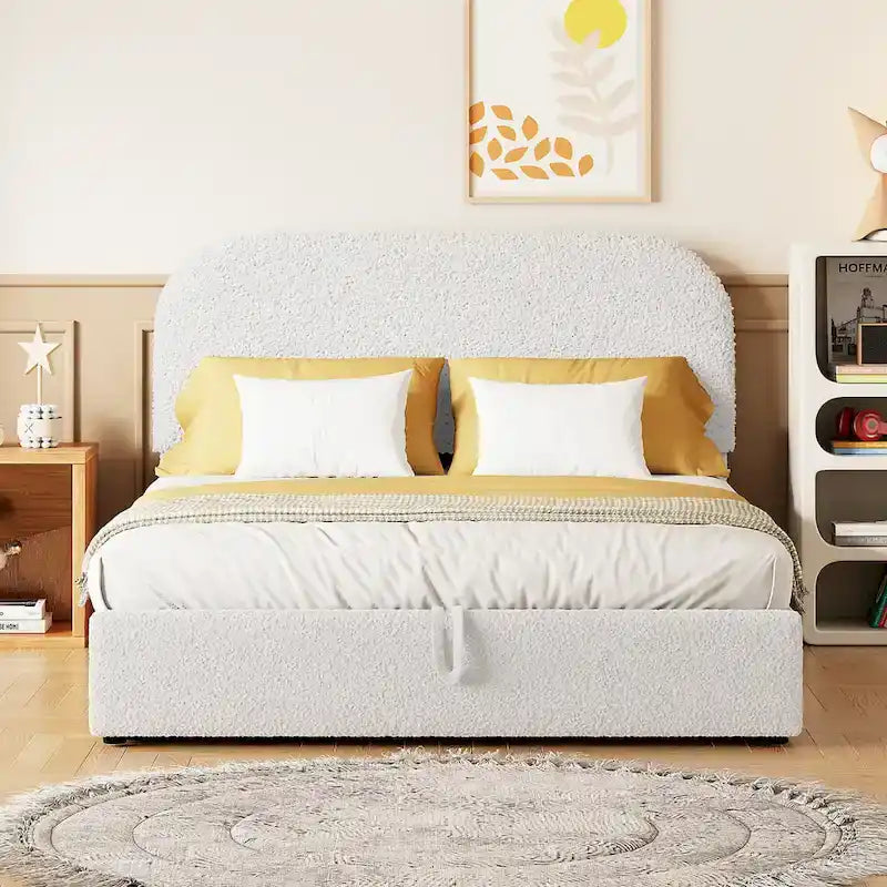 Lift Up Storage Platform Bed Frame, Teddy Fleece Low Profile Bed Hydraulic Storage System, Curved Headboard, Wood Panel Bed