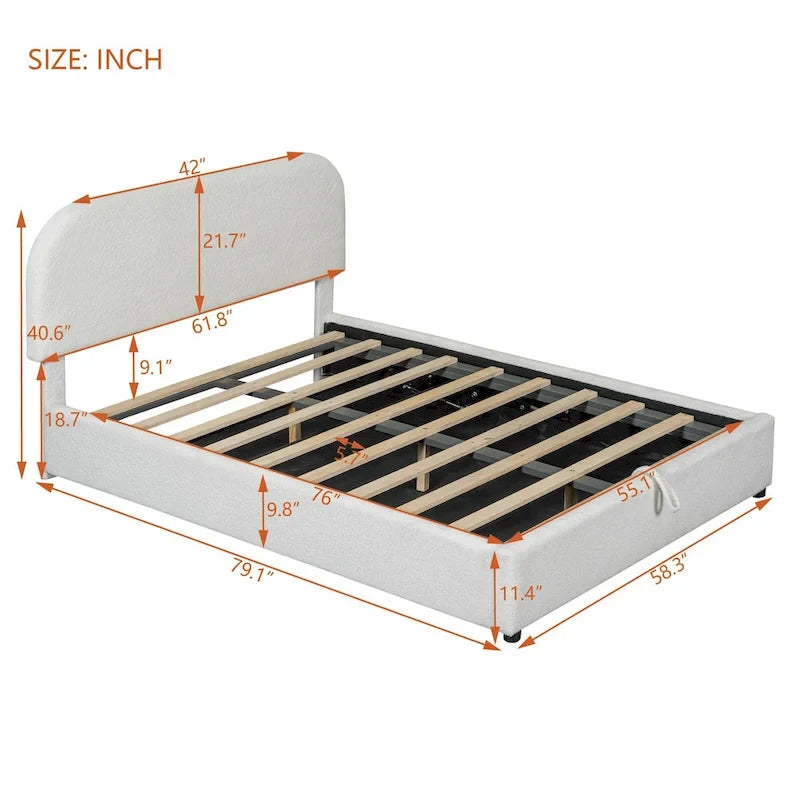 Lift Up Storage Platform Bed Frame, Teddy Fleece Low Profile Bed Hydraulic Storage System, Curved Headboard, Wood Panel Bed