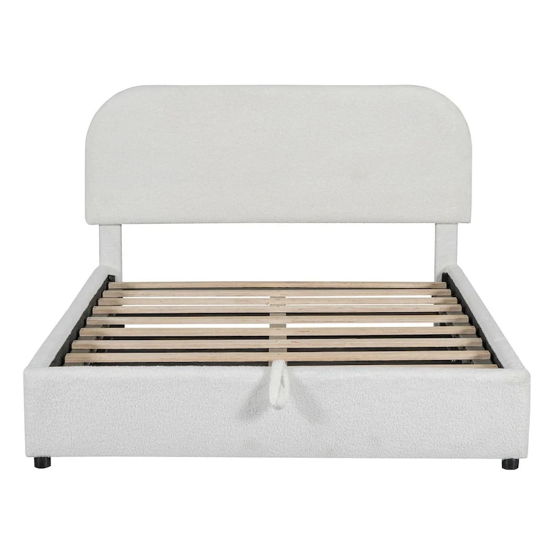 Lift Up Storage Platform Bed Frame, Teddy Fleece Low Profile Bed Hydraulic Storage System, Curved Headboard, Wood Panel Bed