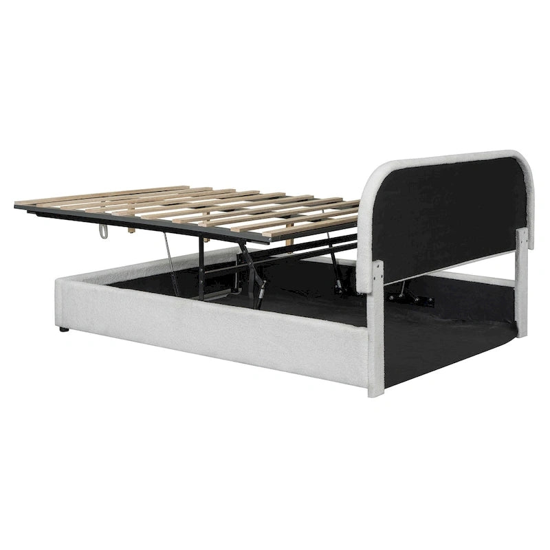 Lift Up Storage Platform Bed Frame, Teddy Fleece Low Profile Bed Hydraulic Storage System, Curved Headboard, Wood Panel Bed