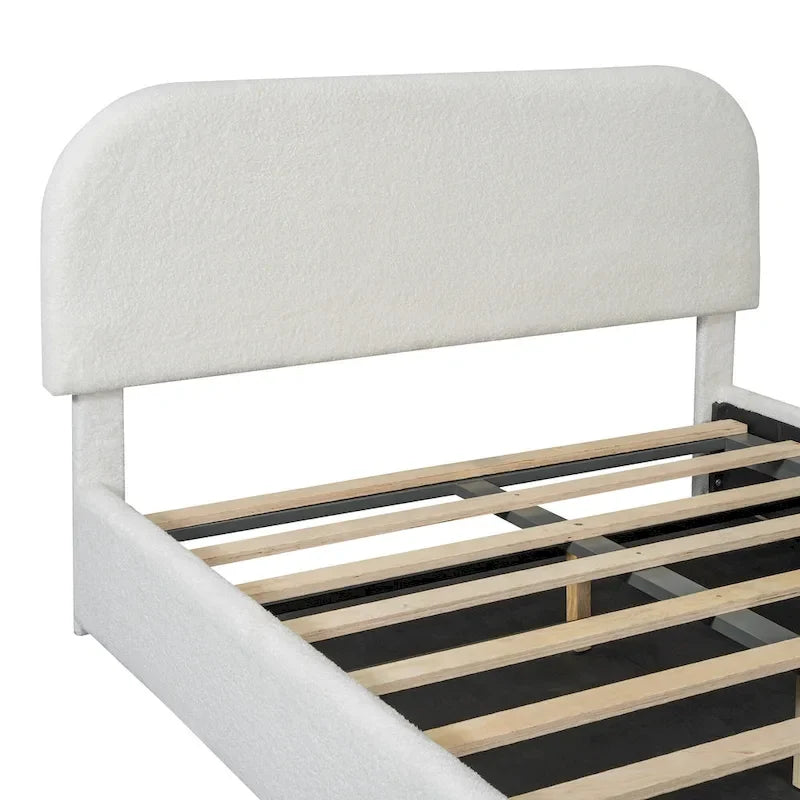 Lift Up Storage Platform Bed Frame, Teddy Fleece Low Profile Bed Hydraulic Storage System, Curved Headboard, Wood Panel Bed