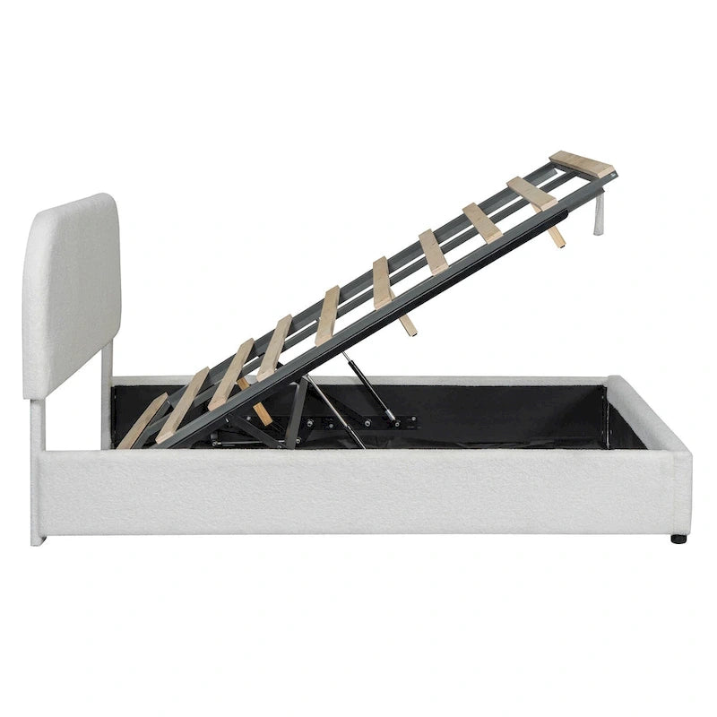 Lift Up Storage Platform Bed Frame, Teddy Fleece Low Profile Bed Hydraulic Storage System, Curved Headboard, Wood Panel Bed