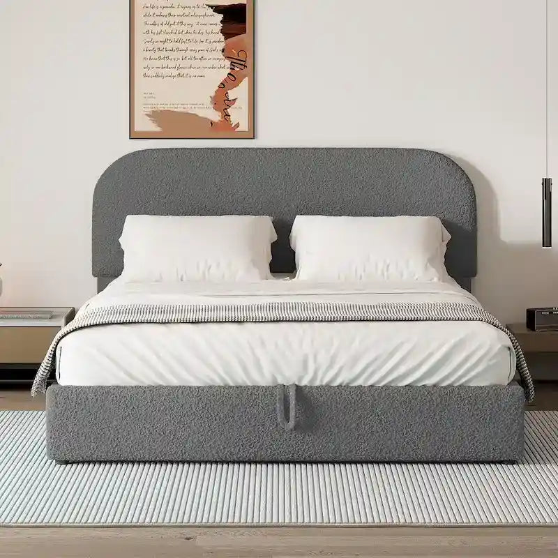 Lift Up Storage Platform Bed Frame, Teddy Fleece Low Profile Bed Hydraulic Storage System, Curved Headboard, Wood Panel Bed