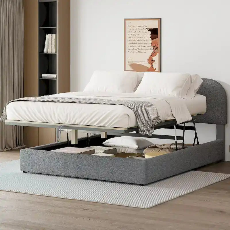 Lift Up Storage Platform Bed Frame, Teddy Fleece Low Profile Bed Hydraulic Storage System, Curved Headboard, Wood Panel Bed