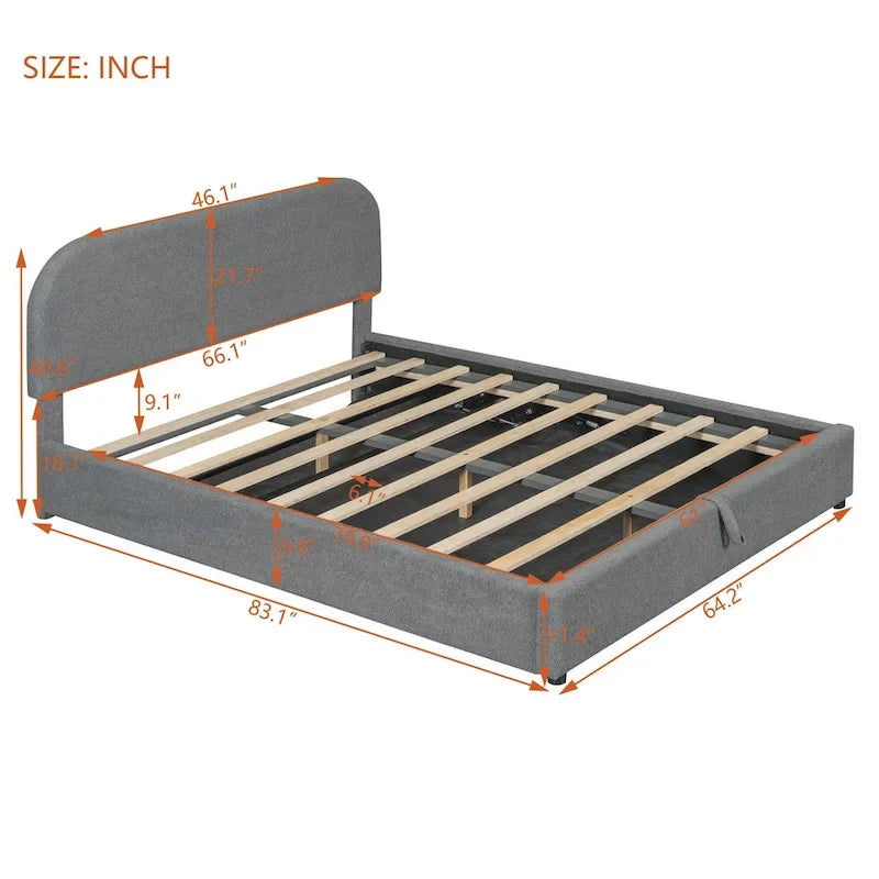 Lift Up Storage Platform Bed Frame, Teddy Fleece Low Profile Bed Hydraulic Storage System, Curved Headboard, Wood Panel Bed