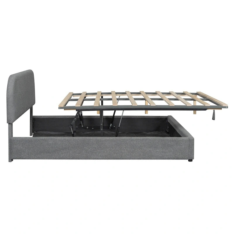 Lift Up Storage Platform Bed Frame, Teddy Fleece Low Profile Bed Hydraulic Storage System, Curved Headboard, Wood Panel Bed