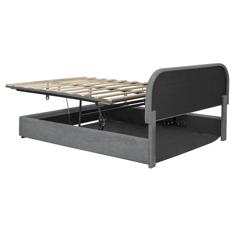Lift Up Storage Platform Bed Frame, Teddy Fleece Low Profile Bed Hydraulic Storage System, Curved Headboard, Wood Panel Bed