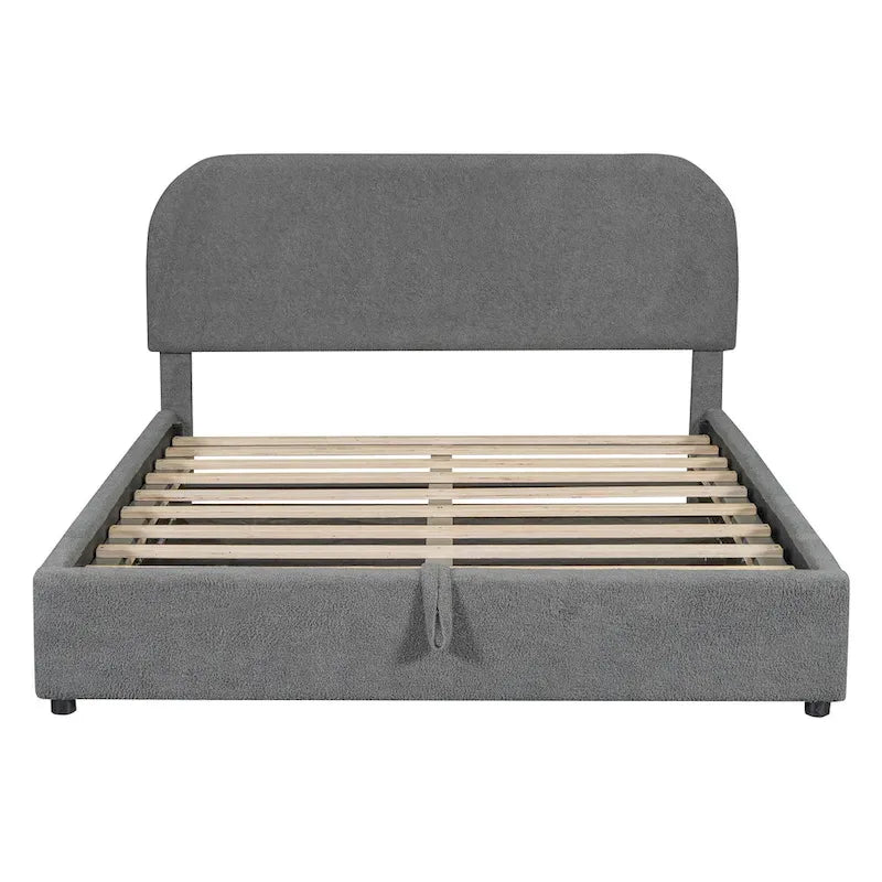 Lift Up Storage Platform Bed Frame, Teddy Fleece Low Profile Bed Hydraulic Storage System, Curved Headboard, Wood Panel Bed