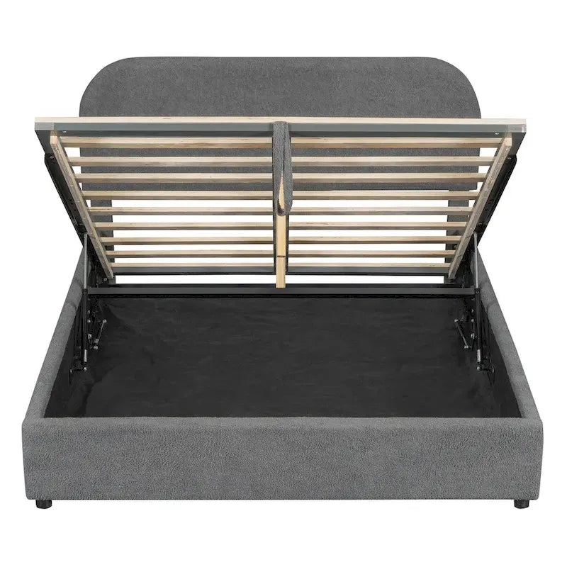 Lift Up Storage Platform Bed Frame, Teddy Fleece Low Profile Bed Hydraulic Storage System, Curved Headboard, Wood Panel Bed